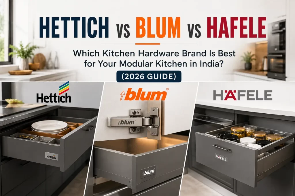 Hettich vs Blum vs Hafele modular kitchen hardware comparison featuring premium drawer systems hinges and storage accessories