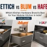 Hettich vs Blum vs Hafele modular kitchen hardware comparison featuring premium drawer systems hinges and storage accessories